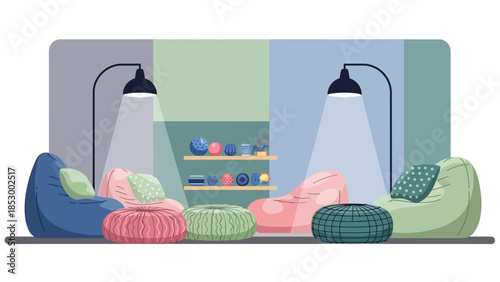 Illustration of a colorful living room with bean bag chairs, floor lamps, and exercise balls on a shelf against a multicolored wall with a playful mood.