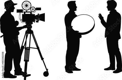 Vintage film camera operator and lighting assistant with reflector directing actor silhouette vector illustration for cinema production behind scenes concept