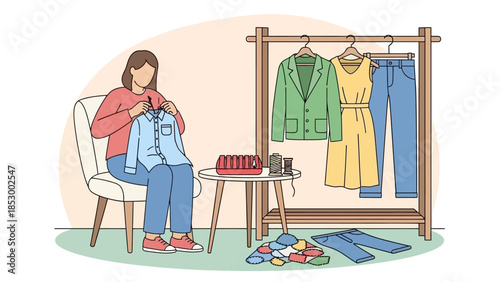 A woman sitting in a chair folding a shirt next to a clothing rack with various garments and a table with sewing tools.