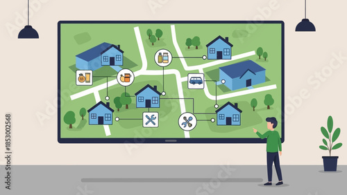 A man in a green shirt interacting with a large digital map display on a wall in a modern room with a plant.