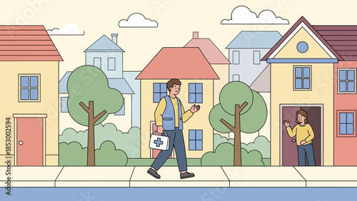 Illustration of a man walking on a sidewalk with a soccer ball while talking on his phone, with a woman waving from a doorway in a residential neighborhood with colorful houses.