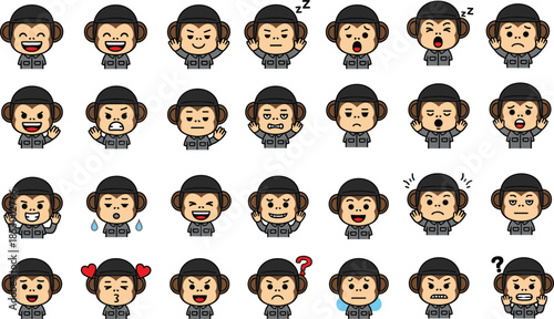 Collection of cute monkey character emojis wearing grey uniforms and black caps with various facial expressions and hand gestures isolated on white