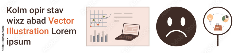 Fototapeta premium Data analysis, e-commerce, emotional communication, business performance, consumer feedback, research tools. A graph with a laptop, sad face and a shopping concept icon. Data analysis and e-commerce