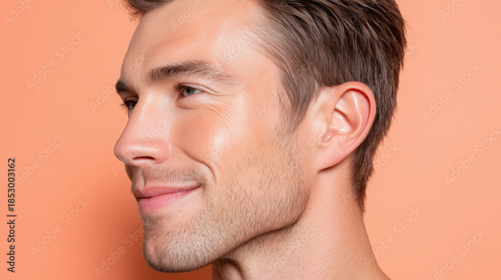 Obraz premium Side profile close up of handsome man with radiant clean skin smiling gently against peach background, showing natural beauty and healthy complexion