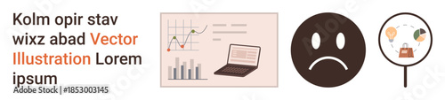 Data analysis, e-commerce, emotional communication, business performance, consumer feedback, research tools. A graph with a laptop, sad face and a shopping concept icon. Data analysis and e-commerce