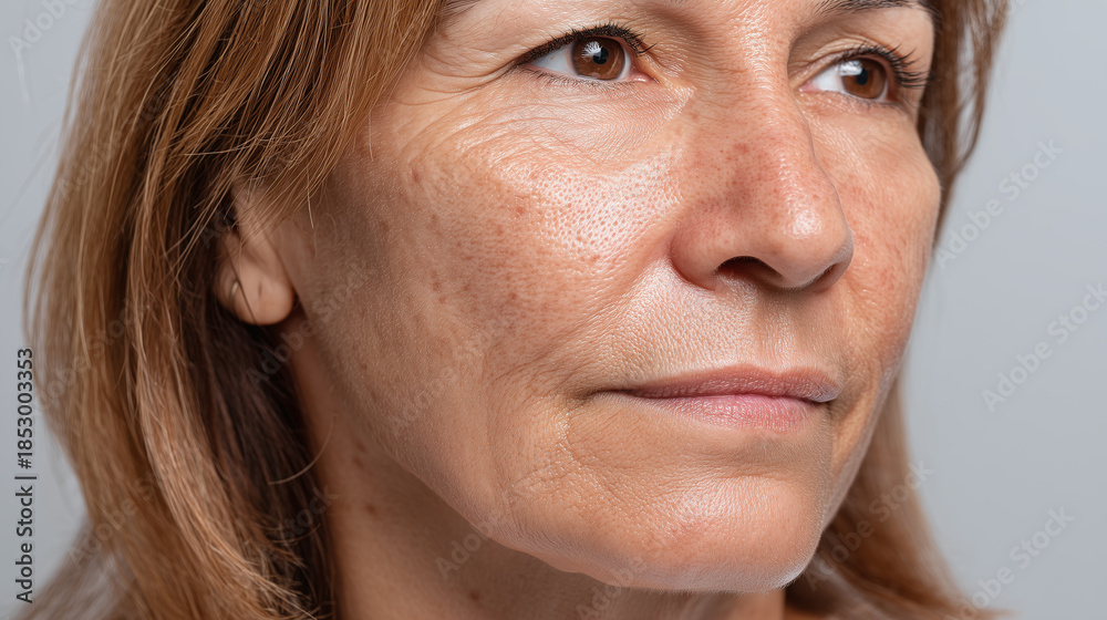 Fototapeta premium Close up of middle aged woman face showing mild swelling and long term acne scars with natural skin texture and brown eyes in soft focus lighting