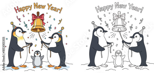 Cute cartoon penguin family ringing a golden bell to celebrate New Year, funny vector illustration of happy animals wearing party hats with confetti and text.