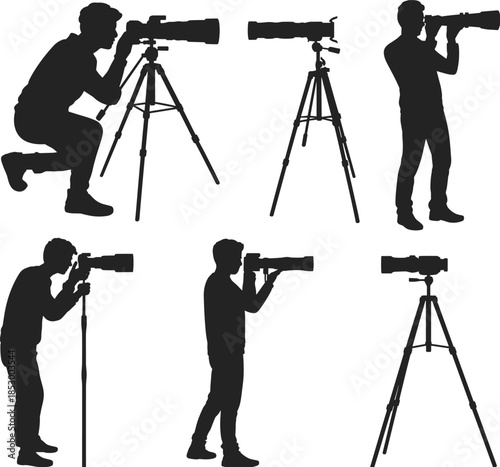 Wildlife photographer silhouettes using telephoto cameras and tripods for nature observation outdoor photography media production vector illustration set