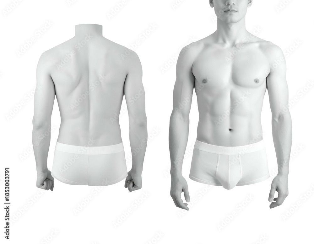 Fototapeta premium Full male torso views front and back, anatomically detailed