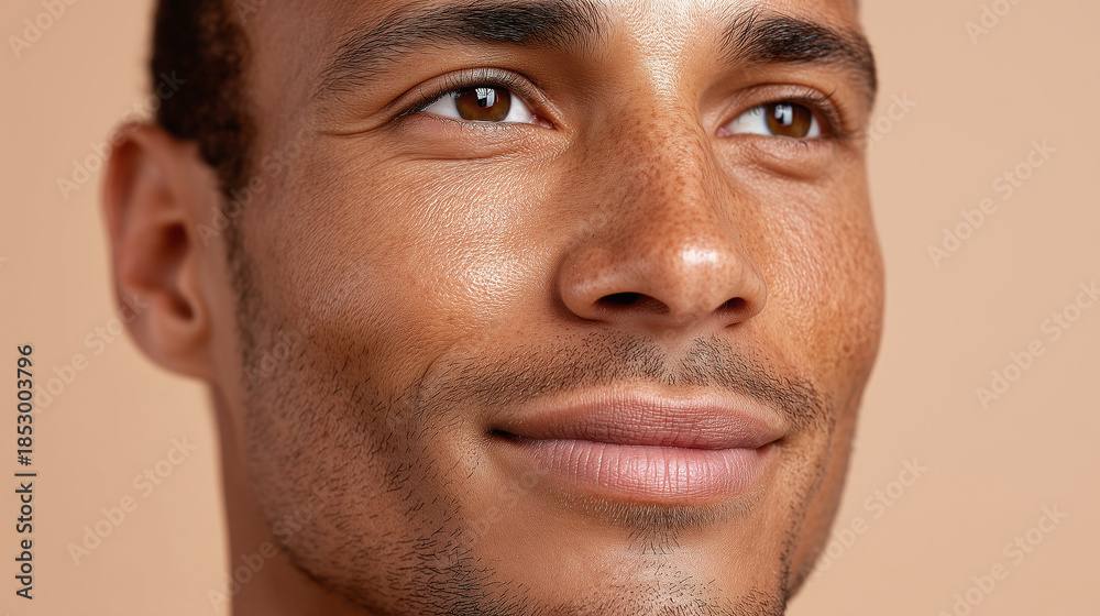 Fototapeta premium Close up of smiling man with smooth skin and warm sun kissed glow on face, showing natural freckles and soft facial hair, expressing calm and contentment