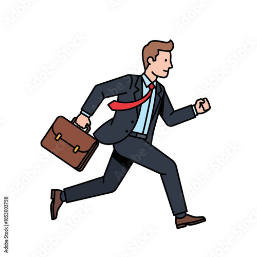 Dynamic Business Professional in Suit with Briefcase Running Forward in a Hurry