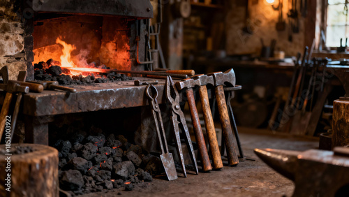  Ancient blacksmith workshop with tools arranged by a forge. safety posters, maintenance manuals, designed for industrial assembly lines and welding operations, used by operations managers.