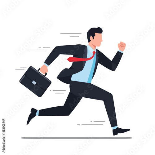 Dynamic businessman sprinting with briefcase symbolizing urgency and rapid progress in a modern