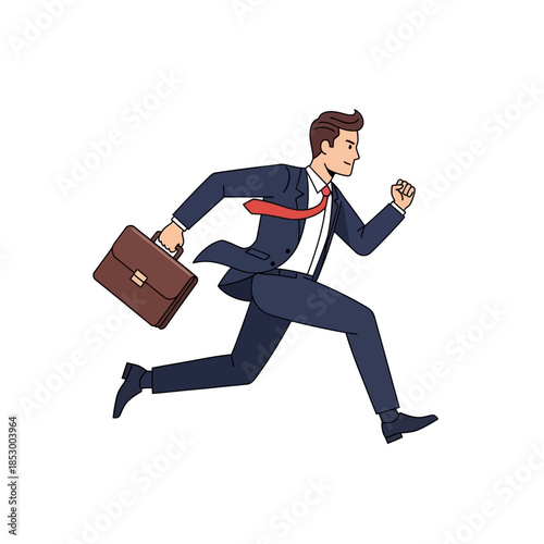 Dynamic business professional in tailored suit sprinting with briefcase representing urgency and