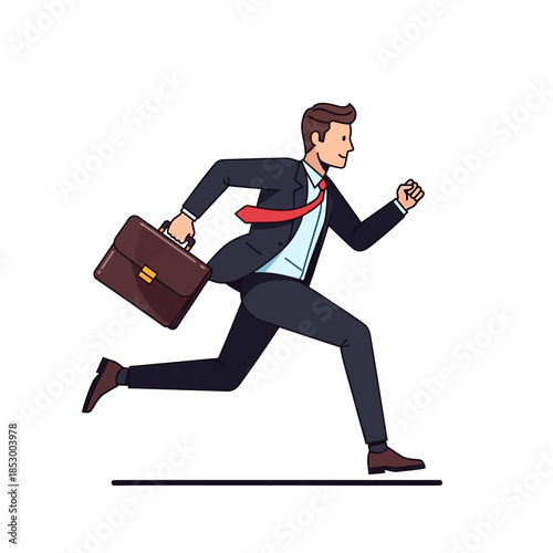 Dynamic businessman in a rush with briefcase running towards goals in a competitive environment