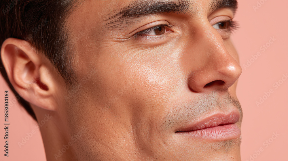 Fototapeta premium Sun kissed warm male facial tone captured in soft light with smooth skin texture and natural expression on peach background creating calm and serene mood
