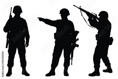 Soldiers in action silhouettes isolated on white background, Vector, illustration
