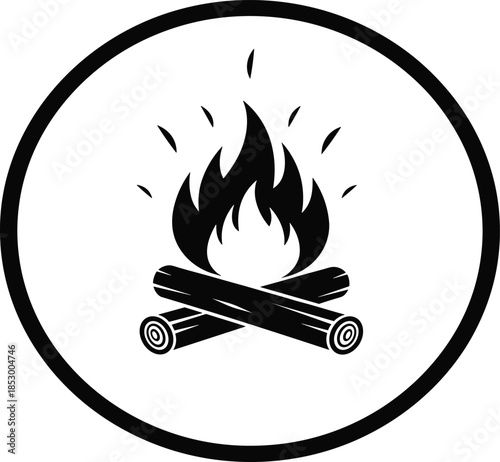 Campfire icon in black circle, firewood flame vector, outdoor camping symbol, bonfire illustration, survival fire logo graphic design