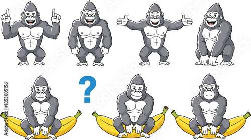 Set of funny cartoon gorilla characters with various poses and expressions including gorillas sitting on large yellow bananas isolated on white background