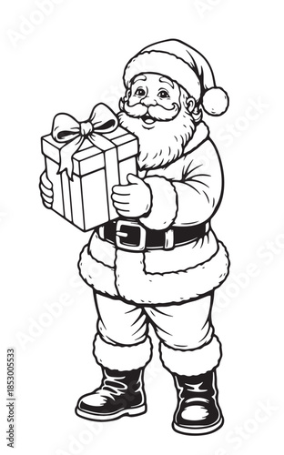 Santa Claus Holding Christmas Gift Box Vector Illustration. Black and white vector illustration of Santa Claus holding a Christmas gift box. Festive cartoon character in traditional costume