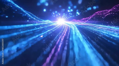 Abstract Digital Highway with Moving Particle Trails and Glowing Light in Dark Blue and Purple