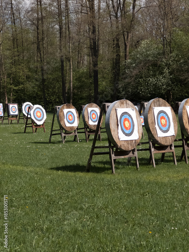 Standard archery target with one arrow hit the bullseye