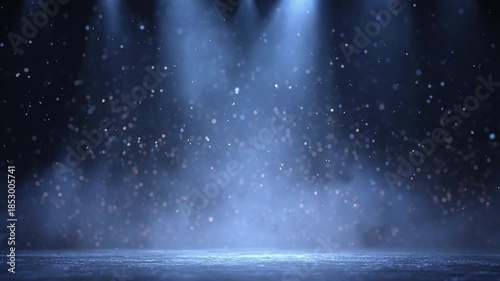 Magical atmosphere created by bright spotlight bokeh and shimmering particles, perfect for captivating events and performances filled with light
