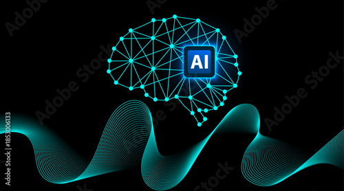 Artificial Intelligence Neural Network Brain with Digital Data Waves on Black Background for machine learning, automation, data science, future technology, business intelligence, and digital transform