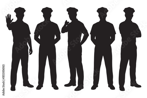Silhouettes of police officers in various stances isolated on white background, Vector, illustration