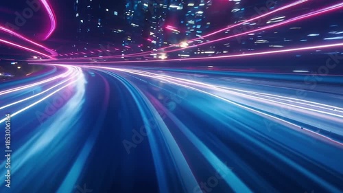 Vibrant light trails illuminate modern cityscape at night, showcasing dynamic motion speed and captivating energy in colorful display