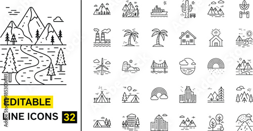 Nature and landscape line icons set with mountain river forest palm tree bridge and buildingsNature and landscape line icons set with mountain river forest palm tree bridge and buildings