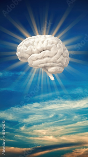 Conceptual brain floating in blue sky with sun rays shining through. brilliant idea representing imagination, intelligence, consciousness, creativity, and thought