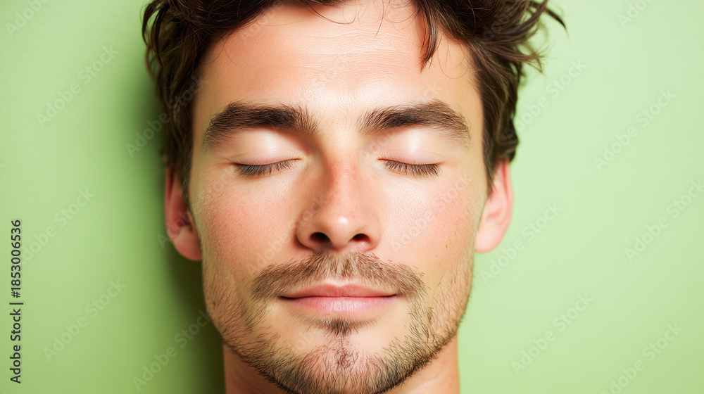 Obraz premium Young man with light stubble and closed eyes relaxing and exhaling calmly against soft green background, expressing peace and tranquility in close up portrait