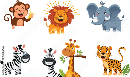 Cartoon wild animals, monkey with banana, smiling lion, elephant with bird, zebra, giraffe, leopard, fun vector illustration for kids