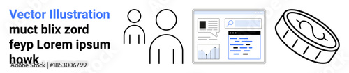 Digital economy, data visualization, user interaction, information display, online statistics, market trends. Illustration user icons, analytical dashboard and coin. s digital economy and data
