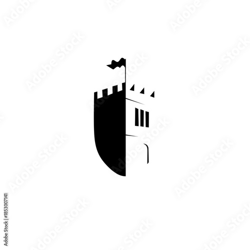 A minimalist negative space logo of a fortress castle with a flag, cleverly combined with a shield shape. Ideal for security, heritage, or gaming brand identities.