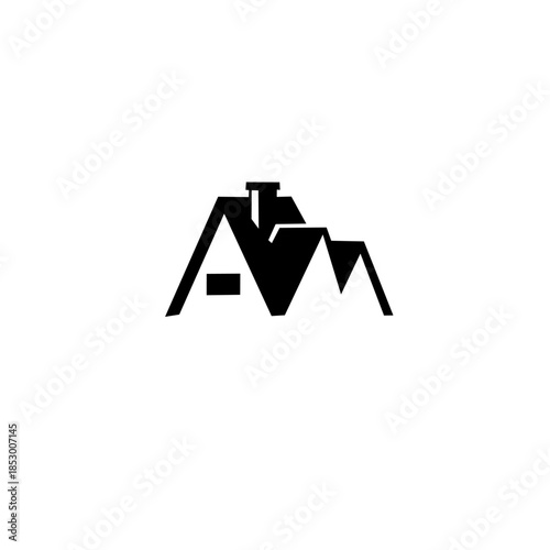 Modern minimalist house logo design featuring stylized rooflines, a chimney, and geometric letter shapes. Perfect for real estate, construction, or home decor branding.