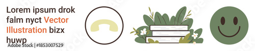 Communication, education, environment, positivity, icons, happiness. A telephone icon, books with plants and a smiling face. Communication and education concept with an environmental motif