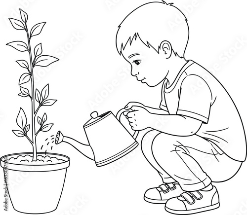 Child watering plant, nurturing nature, environmental care, gardening activity, young gardener, potted plant growth, eco-friendly lifestyle, soil hydration, green education