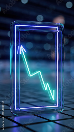 Glowing neon line graph with an upward arrow encased in glass, symbolizing optimistic growth in finance and stock market. futuristic concept of success and recovery
