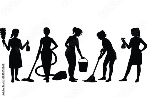 Silhouettes of women engaged in cleaning activities isolated on white background, Vector, illustration