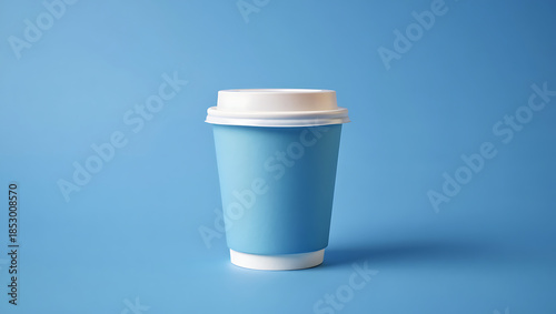 blue disposable coffee cup with white lid and base on blue background