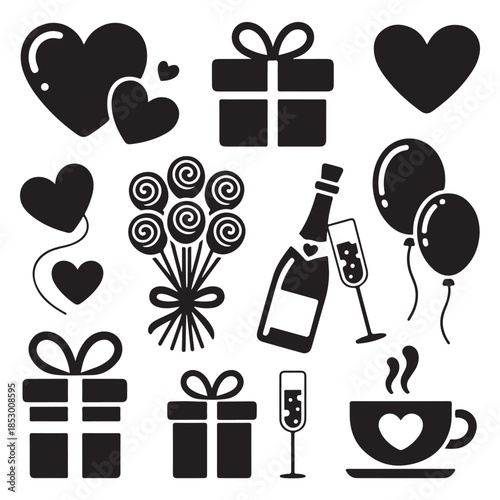 Romantic Valentine’s Day Love Icons Set – Hearts, Gifts, Roses & Champagne