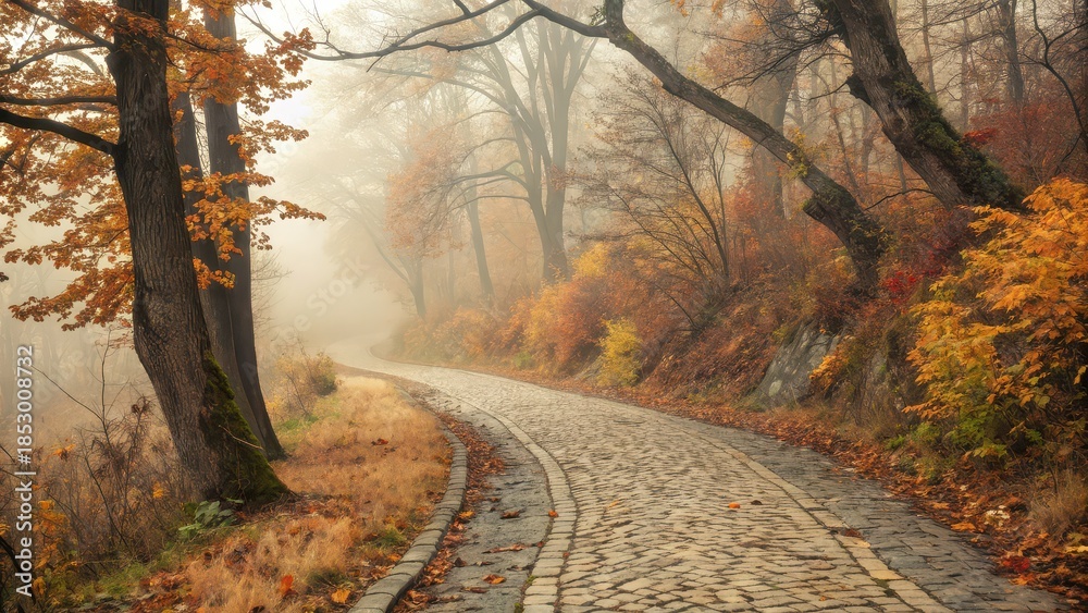 Fototapeta premium Serene foggy forest path in vibrant autumn colors, peaceful fall season landscape, dreamy nature trail, tranquil woodland road, seasonal background for calm moments