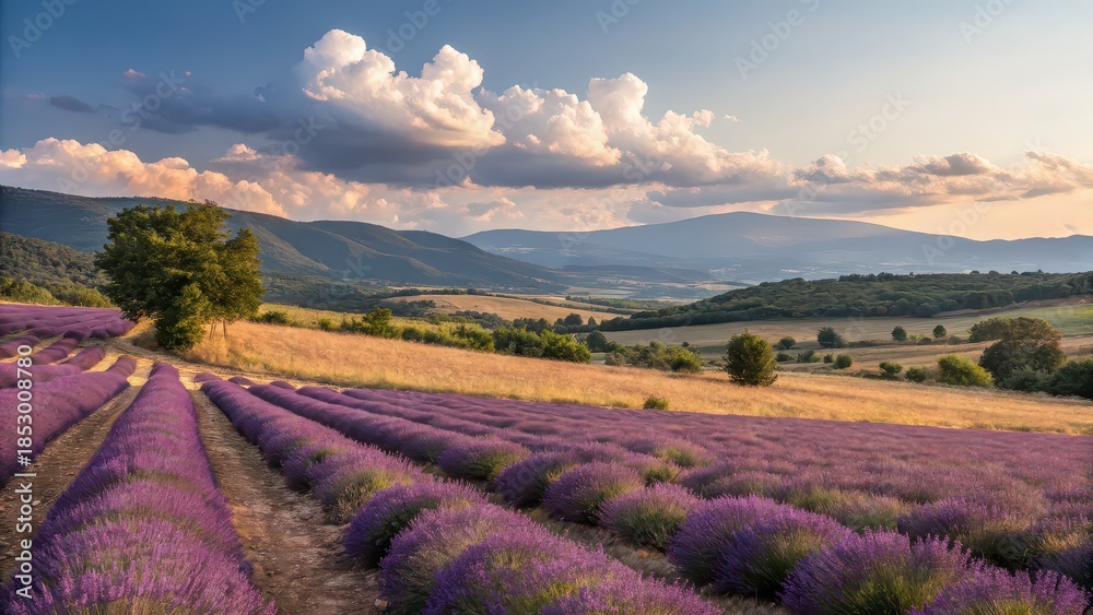 Naklejka premium Blooming lavender field at sunset, countryside landscape with colorful sky, fragrant purple flowers, romantic rural scene, nature and relaxation concept
