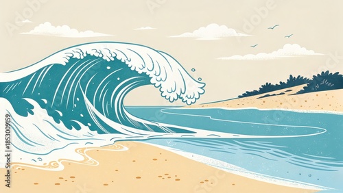 Stylized ocean wave crashing on beach shore, blue surf line art with sandy coast, minimalist seascape illustration, beach and surfing theme, summer graphic design