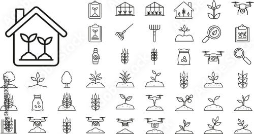 Smart agriculture line icons set with greenhouse farming drone and plant growth symbols.Smart agriculture line icons set with greenhouse farming drone and plant growth symbols.