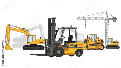 Construction Equipment - Excavator, Forklift, Bulldozer, and Crane Illustration.