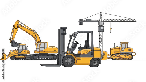 Construction Equipment Lineup - Excavator, Forklift, Crane, and Bulldozer Illustration.