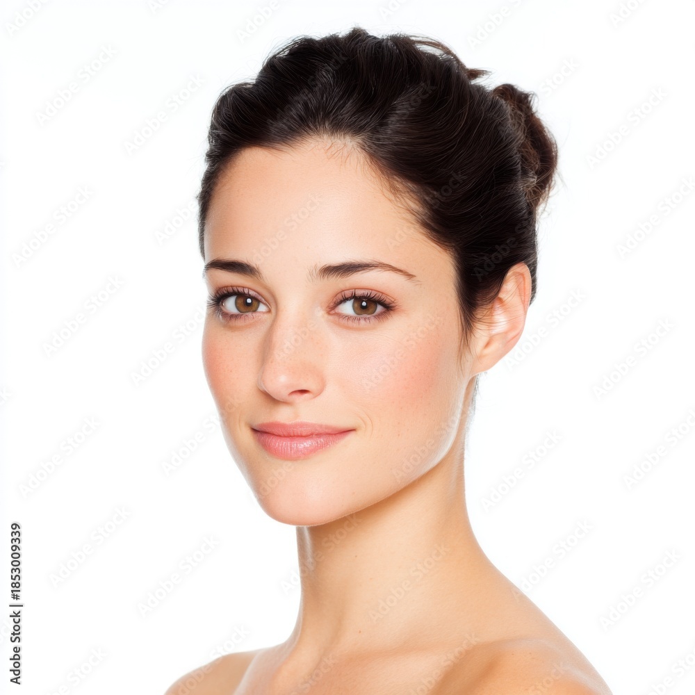 Fototapeta premium Beautiful young woman with natural makeup and soft hairstyle posing against plain white background in studio setting